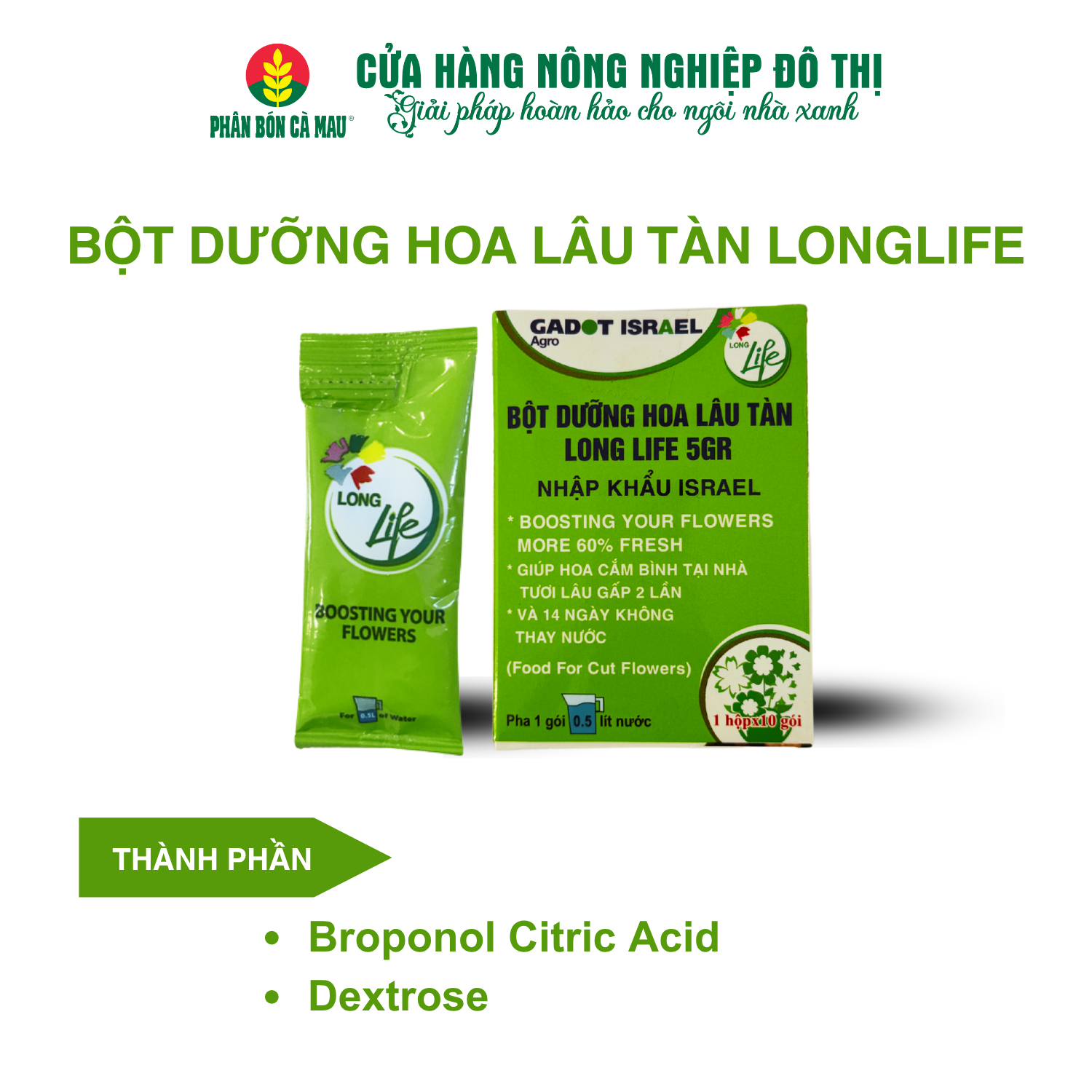 Bột dưỡng hoa lâu tàn Long Life 5gr - Nhập khẩu Israel, hoa cắm bình tươi lâu gấp 2 lần (Hộp 10 gói) Hộp 10 gói (10x5gr)